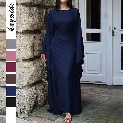 Womens Solid Color Loose-Fitting Batwing-Sleeve Long Dress