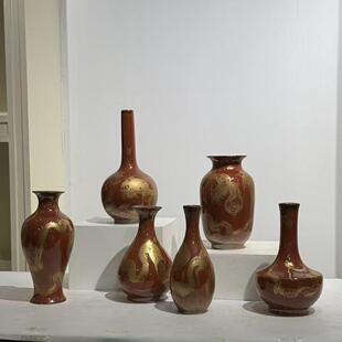 中式红色花瓶 梅瓶玉壶春瓶葫芦瓶创意插花装饰品 博古架陶瓷摆件