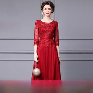 凰都夫人酒红色网纱连衣裙女2025早秋新款高腰显瘦刺绣钉钻礼服裙