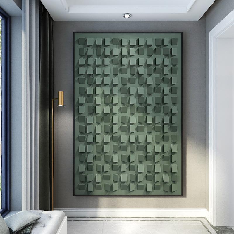 北欧绿色玄关装饰画方块格子餐厅壁画酒店客房走廊挂画客厅落地画图片