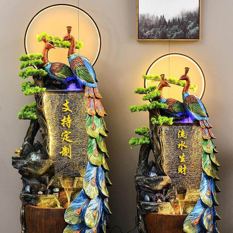 禅意孔雀假山流水落地摆件磨盘风车喷雾家居客厅阳台鱼缸装饰盆景