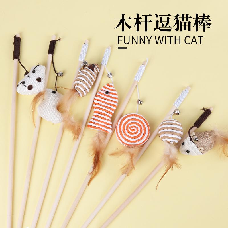 厂家直供宠物猫玩具 逗猫棒猫咪爱老鼠型皮筋带铃铛木棍 逗猫杆
