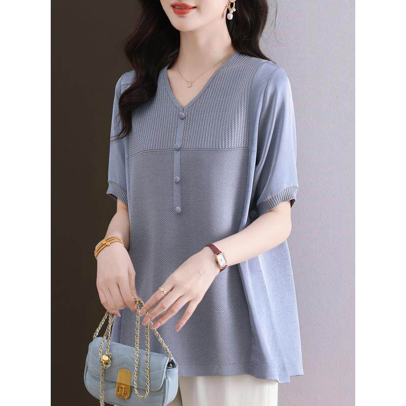 洋气胖妈妈V领针织T恤宽松加肥特大码中老年女装春秋短袖冰丝上衣