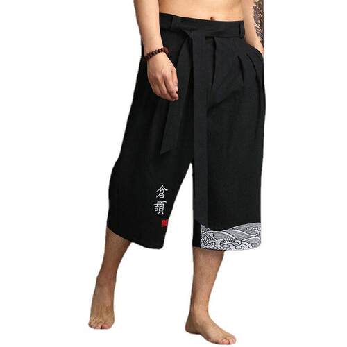 Men's wide leg cotton and linen cropped pants, large
