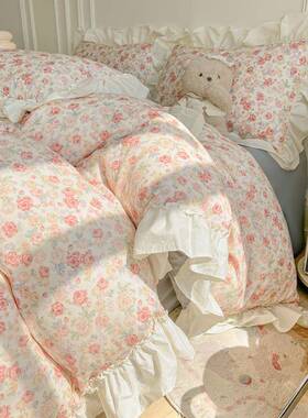 春夏A类母婴级全棉双层纱四件套柔软透气法式公主荷叶边纯棉套件