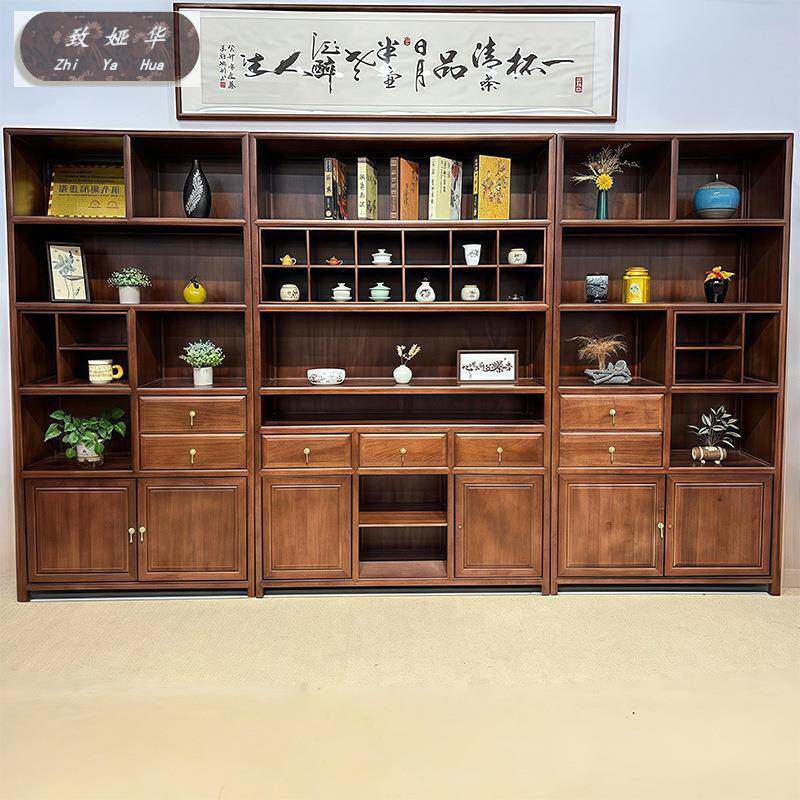 客厅置物架摆件收纳柜茶室家具新中式博古架实木书柜梨花木展示柜