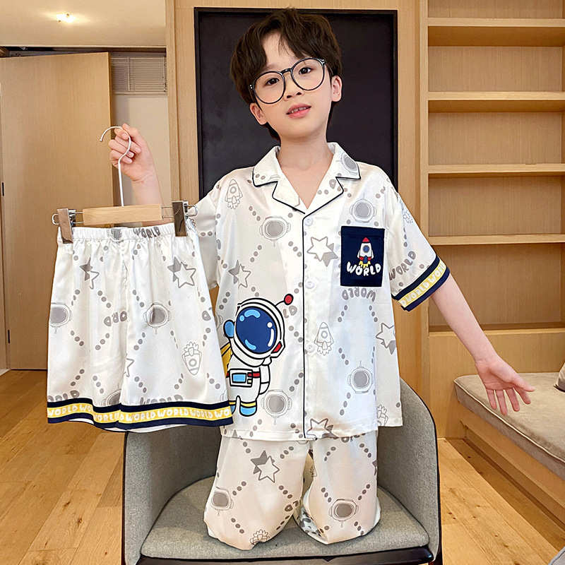 儿童睡衣男童夏季冰丝薄款短袖三件套装中大童男孩夏季凉爽家居服