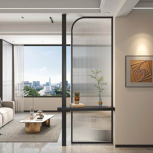 北欧轻奢圆形独屏超白钢化玻璃隔断半隔断实木入口台面不锈钢
