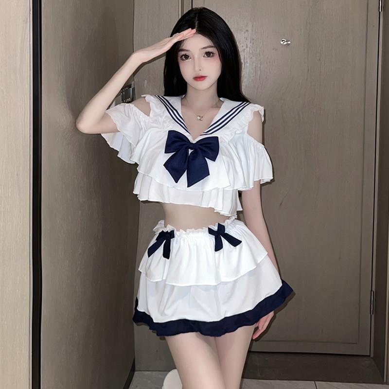 纯欲风减龄水手服海军领短款蝴蝶结露肩上衣小个子半身裙制服套装