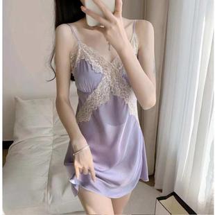 冰丝吊带纯欲风高级感蕾丝睡裙带胸垫性感家居服 性感睡裙女夏季