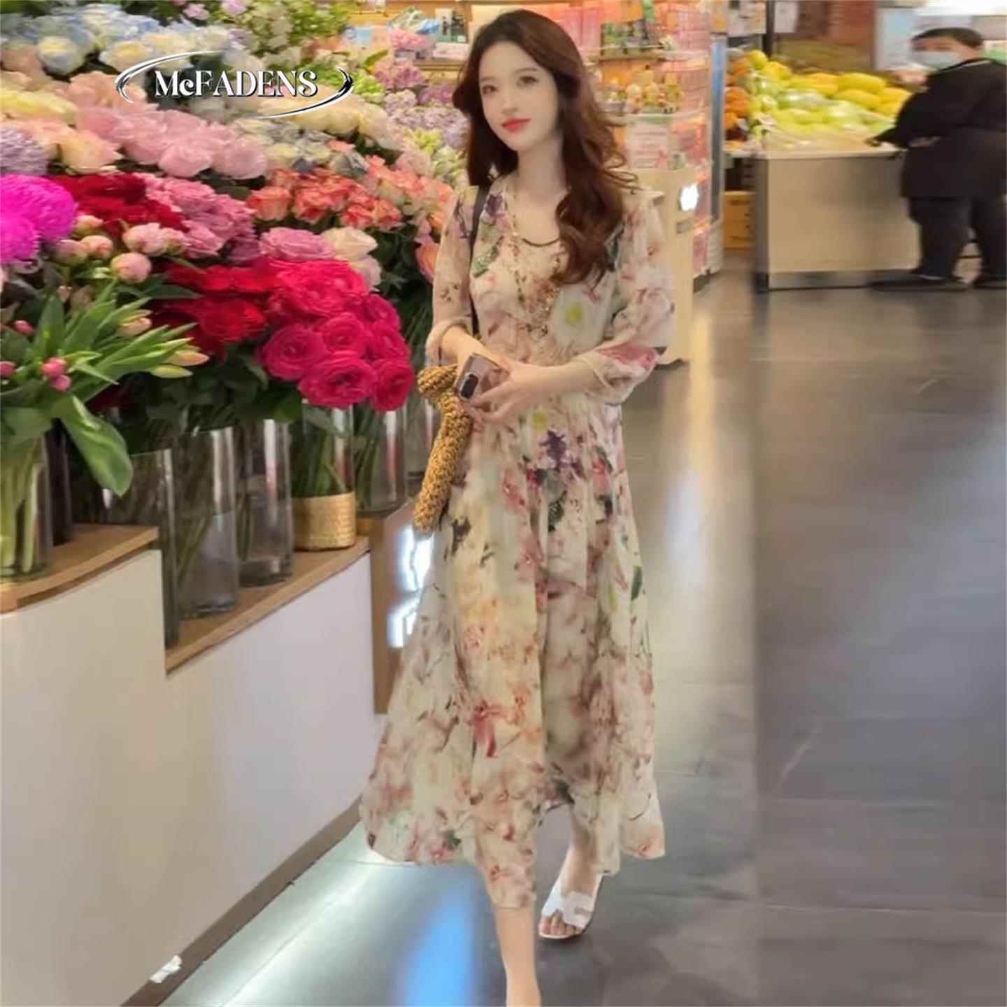 香港高级感夏季新款宽松气质减龄中长版过膝裙时尚印花雪纺洋装