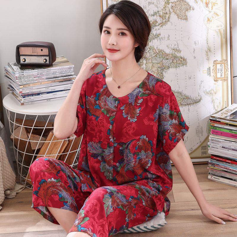 夏季棉绸开衫薄款中老年加大码女士短袖绵绸睡衣妈妈装套装家居服