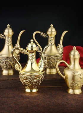 黄铜龙凤呈祥酒壶铜工艺品摆件纯铜餐厅酒壶宴会家居婚庆大小铜器