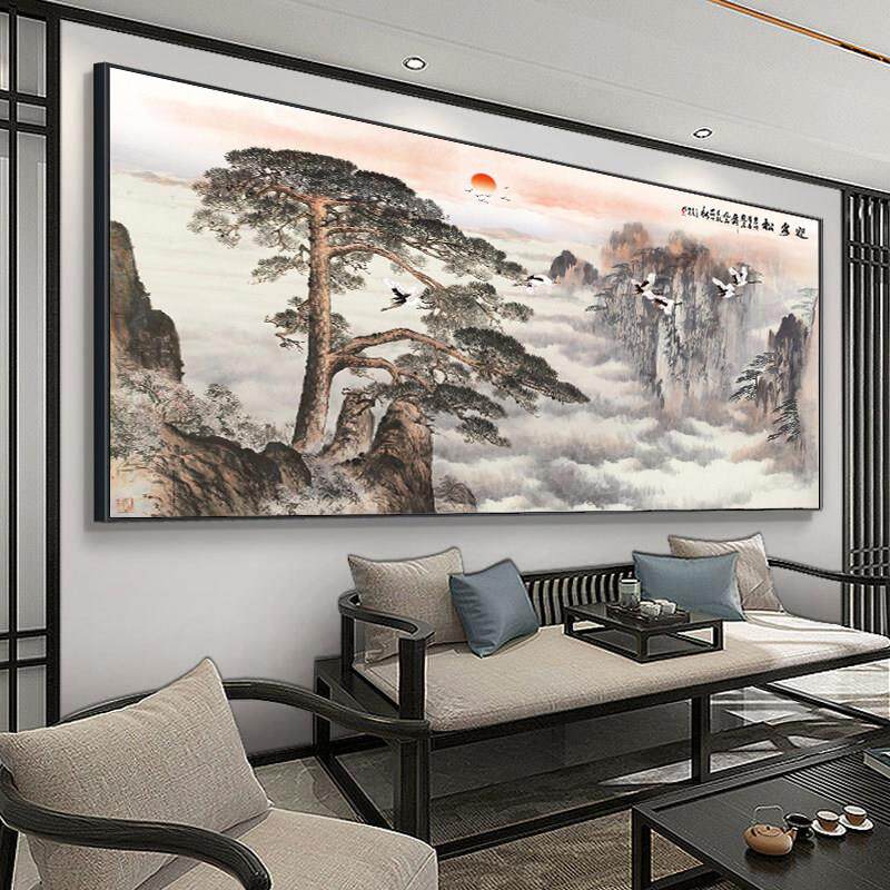 客厅山水画迎松挂画办公室书画装饰画背景墙茶室壁画山水画中国画