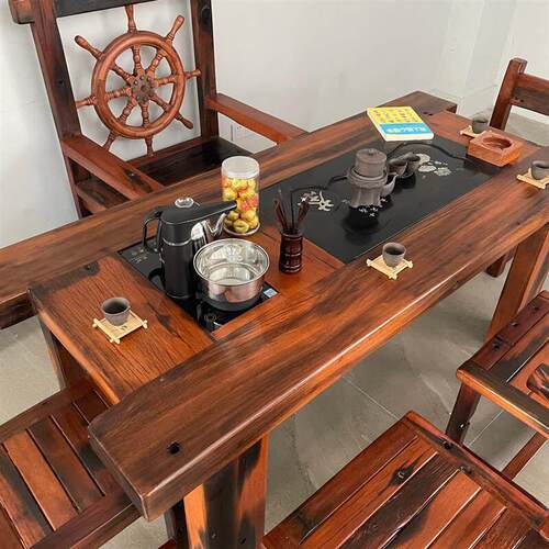 全老料老船木茶桌椅组合一桌五椅小茶台实木功夫泡茶桌茶几办直销