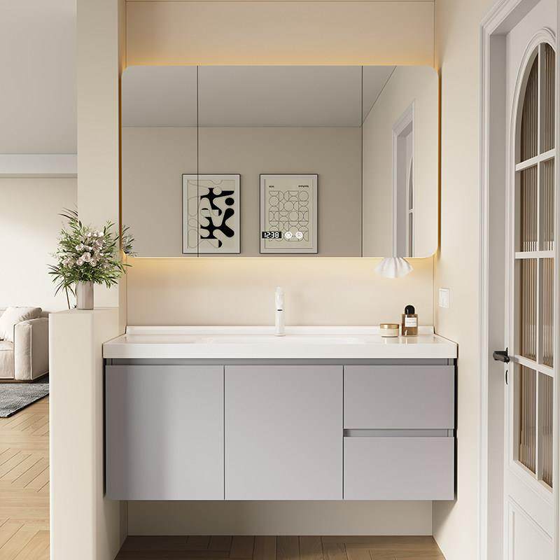 浅灰色橡木烤漆智能浴室柜组合挂墙式陶瓷一体盆洗手洗脸盆洗漱台