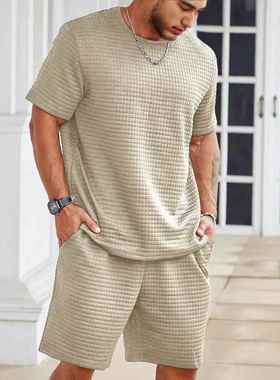 2025夏季华夫格覆古休闲套装潮流圆领宽松透气男套装Men's su