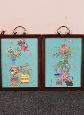 郎世宁作品红木镶瓷板画粉彩博古图挂屏高36厘米宽29景德镇瓷板画
