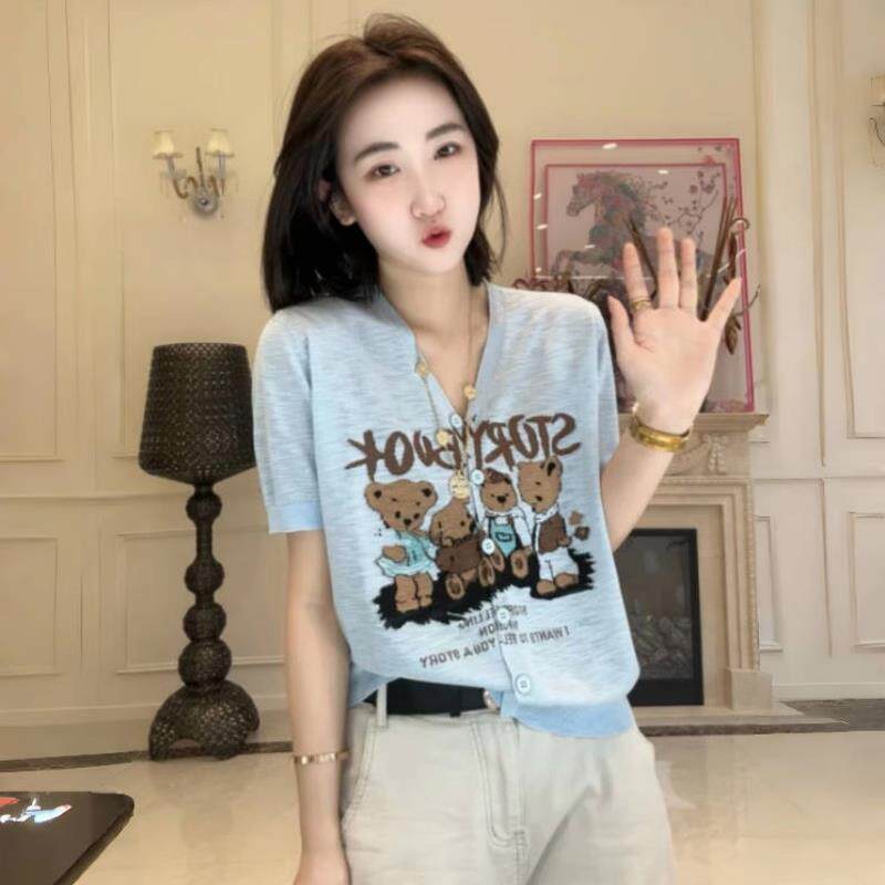 法式Rixo Kelly卡通小熊设计感针织衫女休闲 V领单穿钮扣短袖开