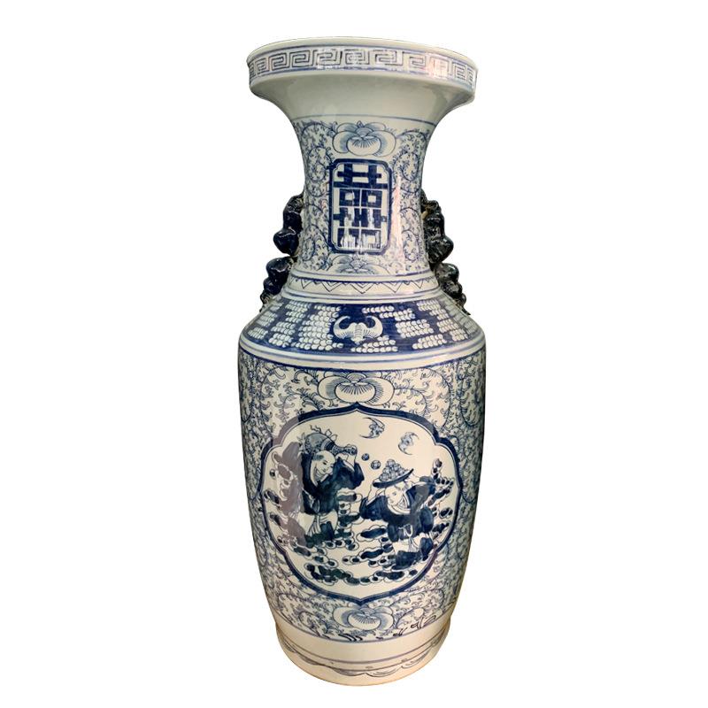 青花瓷花瓶喜字花器陶瓷禅意花器落地摆件家居复古水培花插