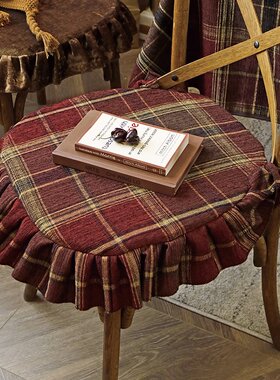 4家用凳子座垫欧式含子垫美式椅垫y荷叶边红色过年芯红格椅垫圎套