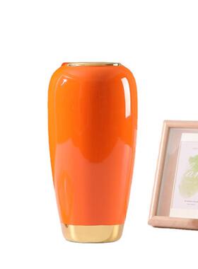 新中式轻奢风格电镀金边石榴红果插花橙色墨绿陶瓷大花瓶家居摆件