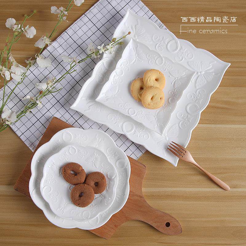 陶瓷家用菜盘浮雕四方盘子水果盘套装餐具平盘圆盘点心盘饰品摆盘