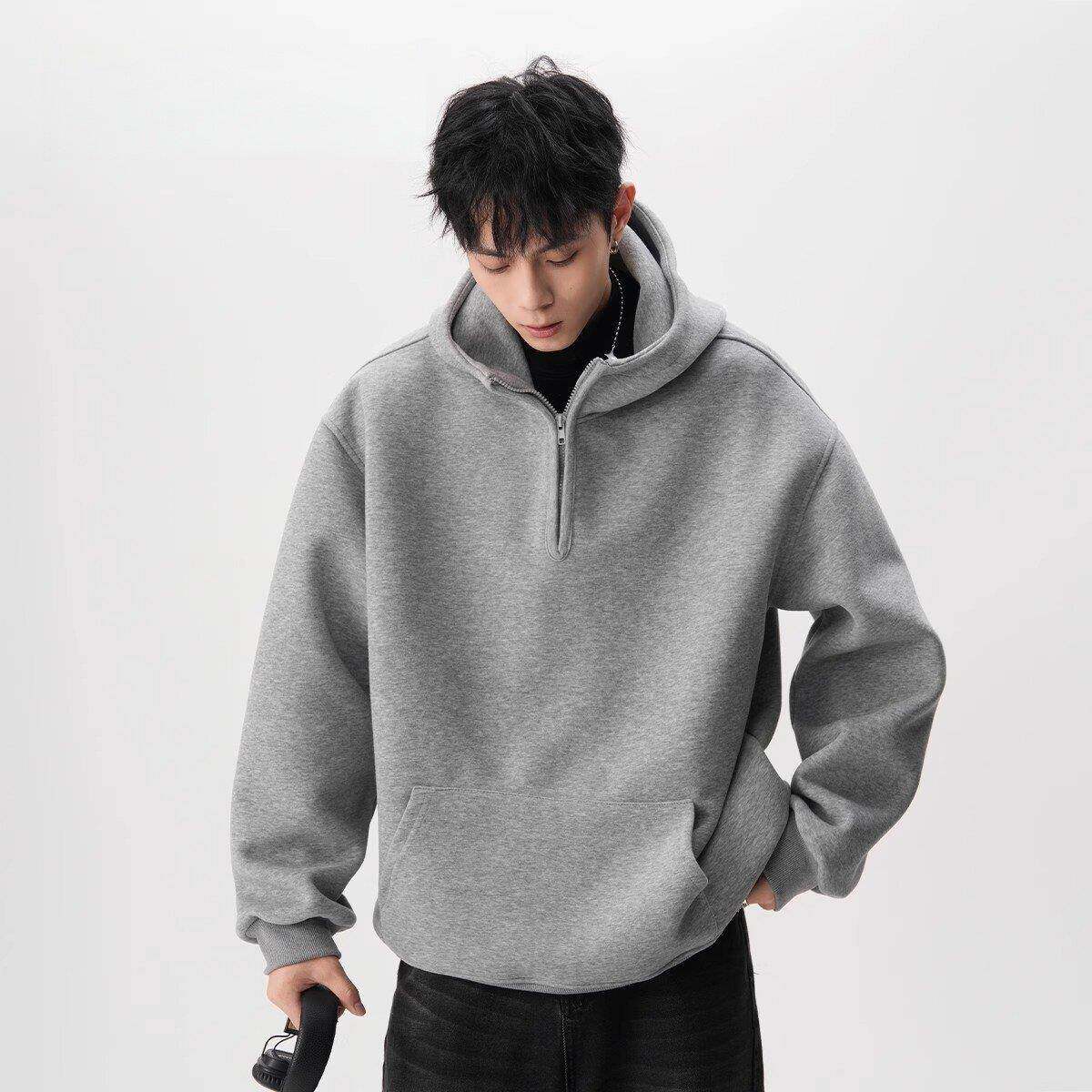 潮牌重磅半拉链连帽卫衣男oversize设计感加厚外套加绒男装上衣服