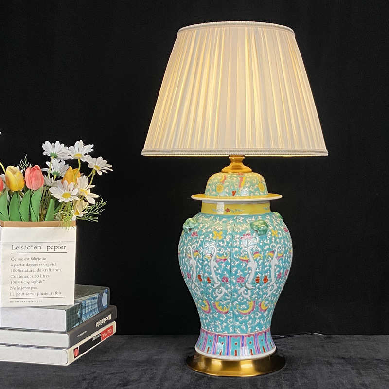 景德镇粉彩陶瓷台灯中式时尚客厅别墅外贸温馨灯浪漫创意三色灯饰