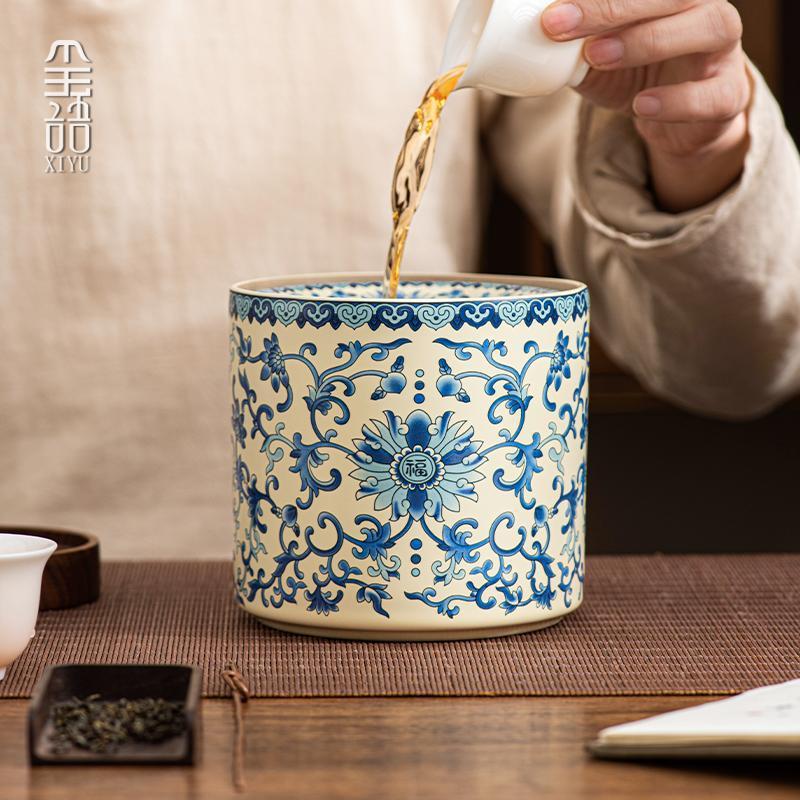 中式汝窑缠枝莲开片可养陶瓷烟灰缸带盖建水水盂茶渣缸茶道配件