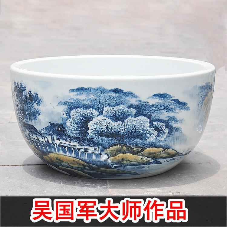 正品包邮手书绘名师瓷吴国军作品聚宝盆景德镇陶睡器鱼缸乌龟缸莲