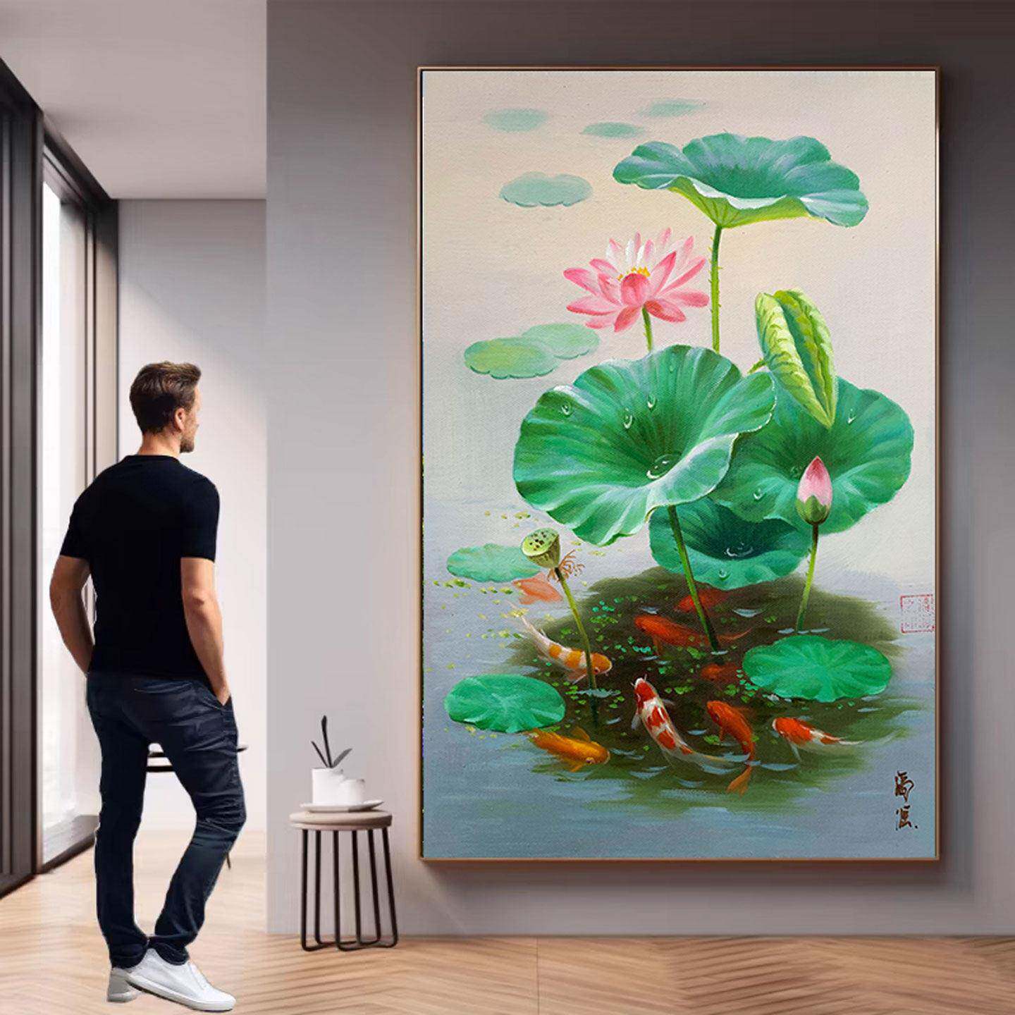 手绘油画荷花九鱼图入户玄关装饰画中式过道走廊挂画锦鲤寓意好画