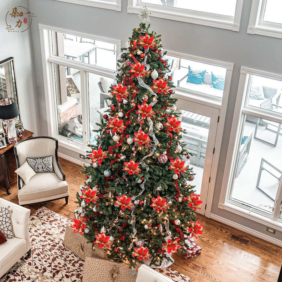 美式圣诞闪光一红花人造浆果精选圣诞树装饰品人造圣诞花朵带夹子