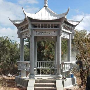 石雕凉亭园林户外石亭子石材长廊公园别墅中式庭院红色六角亭雕塑