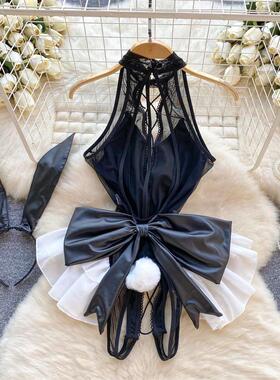 Sweet Lace Women PU Bunny Bodysuits Sexy One Piece Combinati