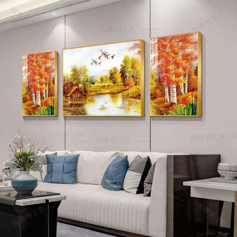新中式风景壁画客厅装饰画办公室山水三联画沙发背景大气水晶挂画