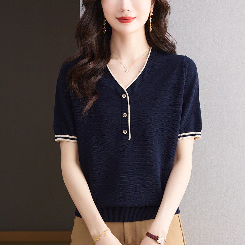 夏季新款短袖桑蚕丝T恤衫女洋派妈妈装宽松加大码V领针织薄款上衣