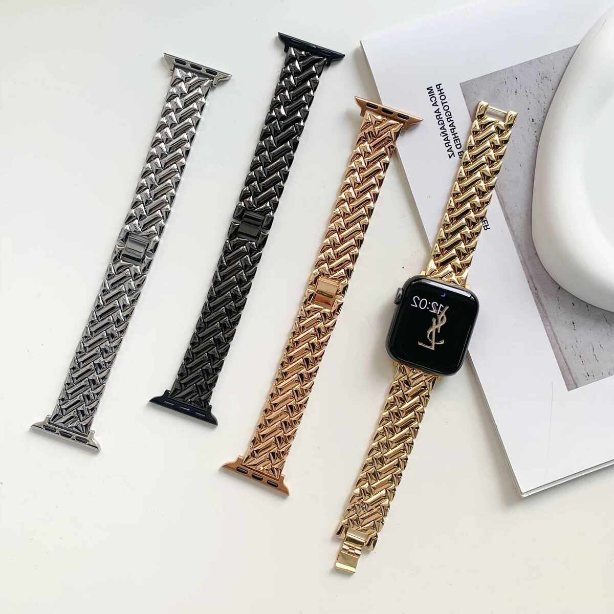 适用iwatch8小众金属苹果手表带applewatch1-7代SE波浪纹男女表带