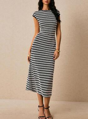 Women's Round Neck Short Sve Casual Striped Fitted Long