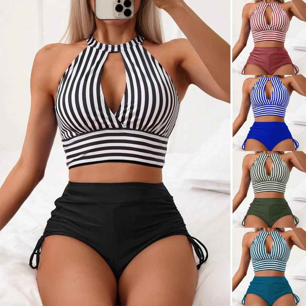 women swimsuit bikini striped drawstring waist high split