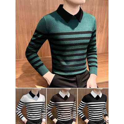 假两件毛衣男款2025新款秋冬内搭打底衫高级感衬衫领长袖t恤1204e