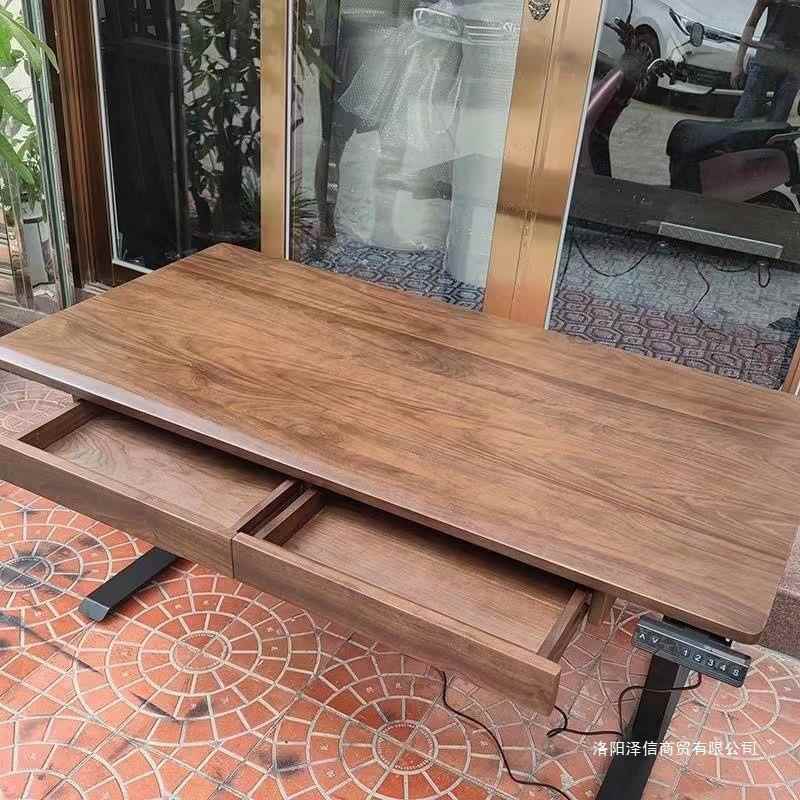 实木升降桌黑胡桃木学习抽屉书桌办公电竞桌子实木桌面面板电脑桌