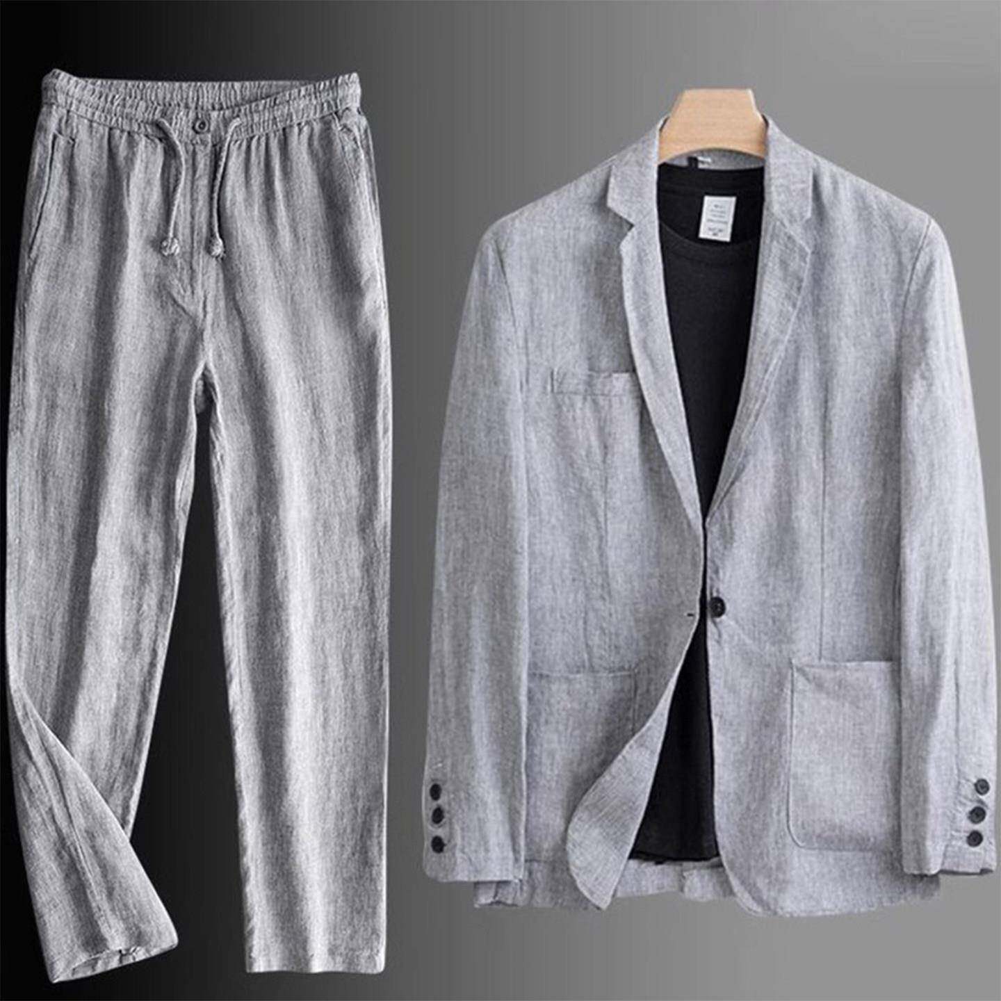 MK亚麻西服套装男2026夏季新款高端棉麻平驳领薄款潮牌男士两件套