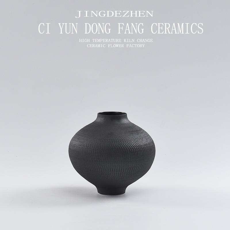 黑色中古陶罐陶瓷花瓶摆件花器粗陶餐桌小众工艺品装饰