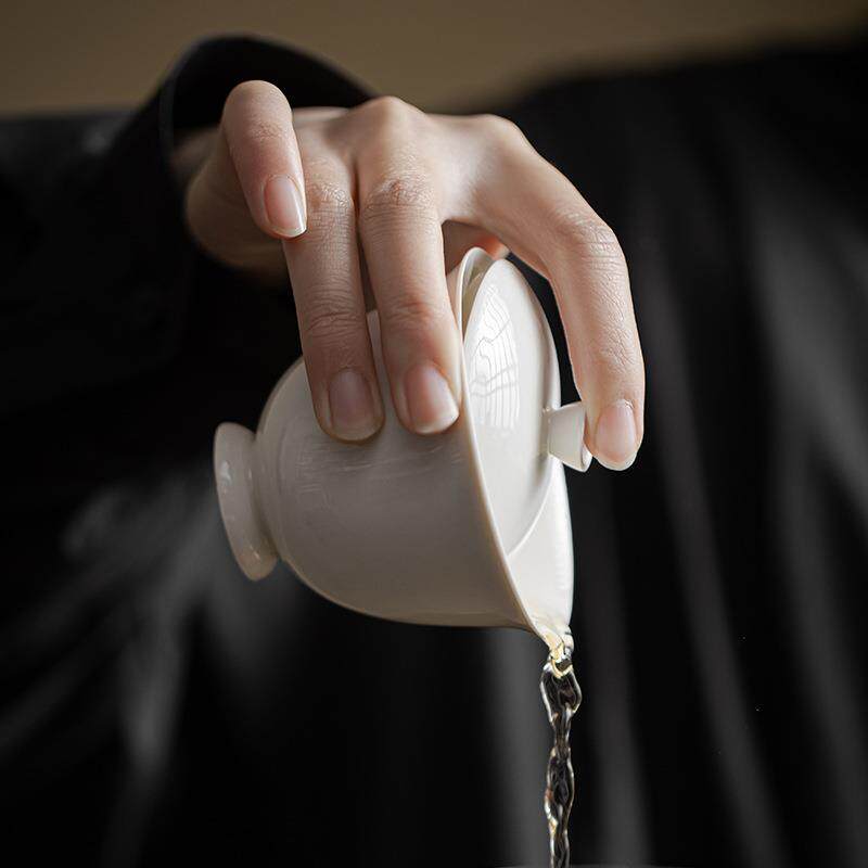 弥言复古仿宋小高足盖夫碗纯工陶瓷手薄泡茶碗茶胎杯不烫杏白&mdash;高