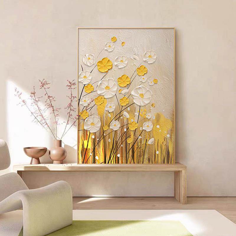 黄色花卉桌摆画奶油风客厅装饰画肌理感落地画玄关画法式餐厅挂画