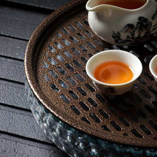 干泡台茶具托盘家用 铁艺功夫茶盘办公室简约小型沥水盘圆形储水式