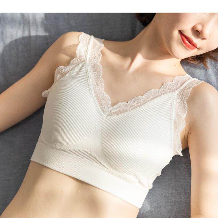 日系薄款无痕无钢圈抹胸文胸 聚拢背心式V领舒适内衣美背蕾丝吊带