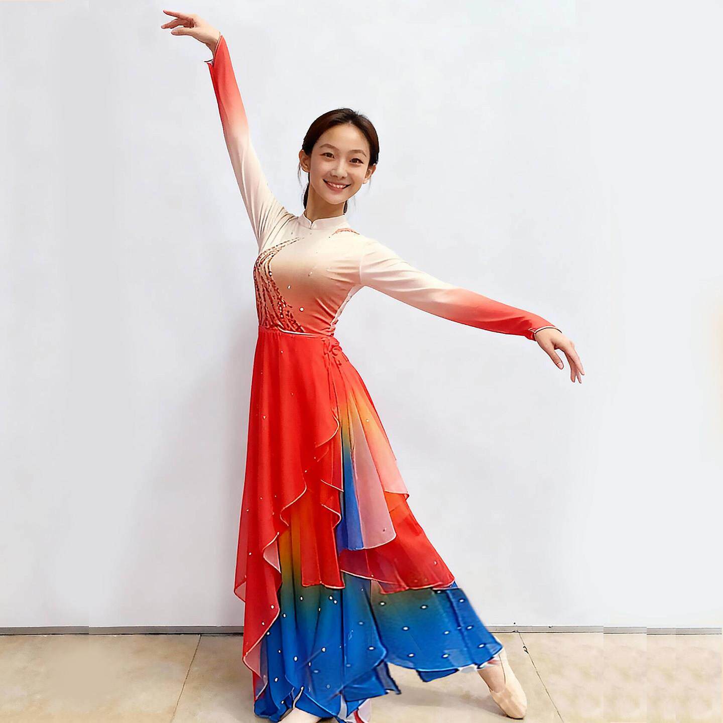 鱼跃舞蹈服花鼓灯剧目古典舞演出服女飘逸中国风艺考红鳞表演服新