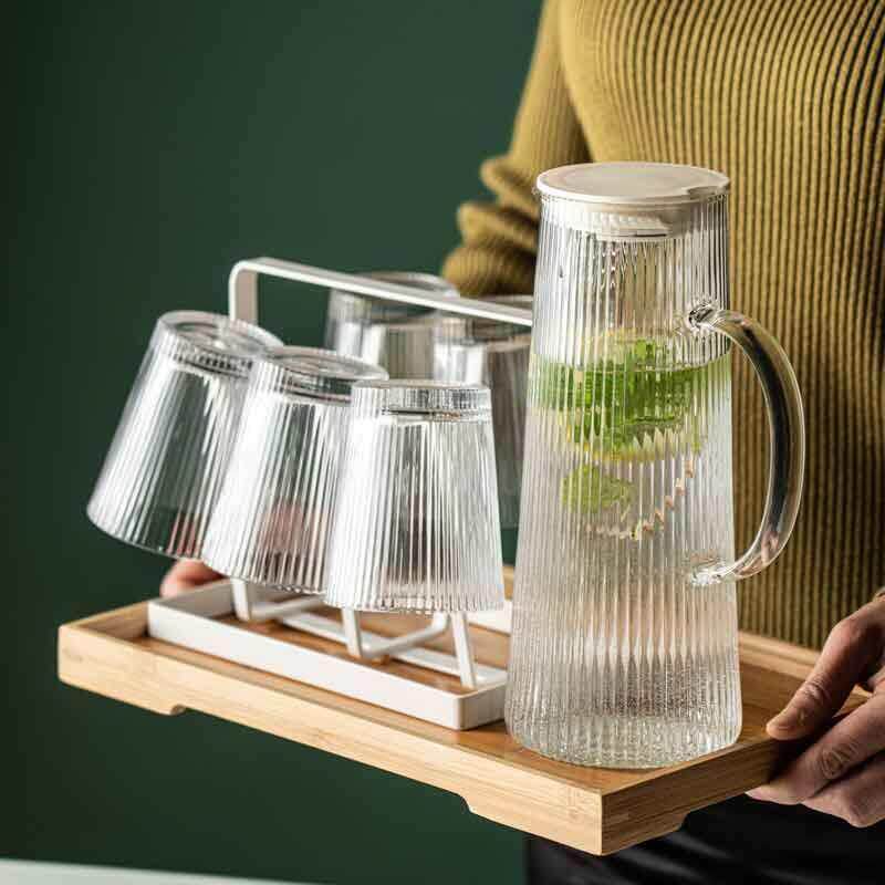 玻璃冷水壶杯子套装家用热冷水耐高温茶壶大容量北欧简约客厅竖条